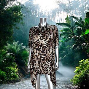 Ciel Leopard Print Asymmetrical Tunic Dress With Short Sleeves S